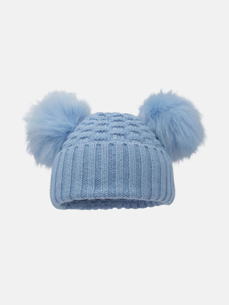 Baby Unisex Deluxe Check Knit Double Pom-pom Hat - Blue