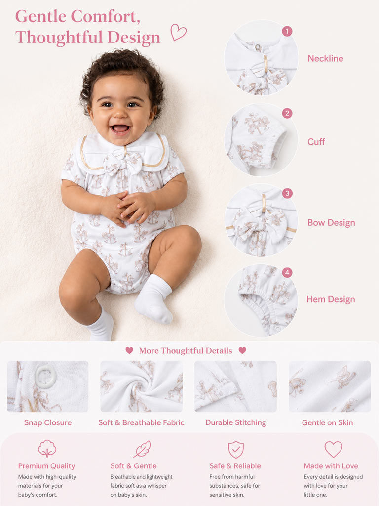 Baby Girl One-Piece Romper with Short Sleeves - Rocking Horse Collection - Beige