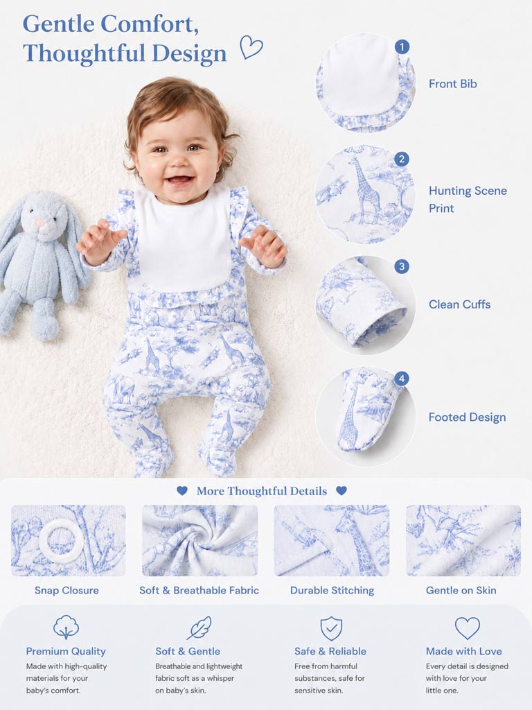 Cotton Baby Grow for Girls with Frilly Bib - Safari Collection - Baby Blue