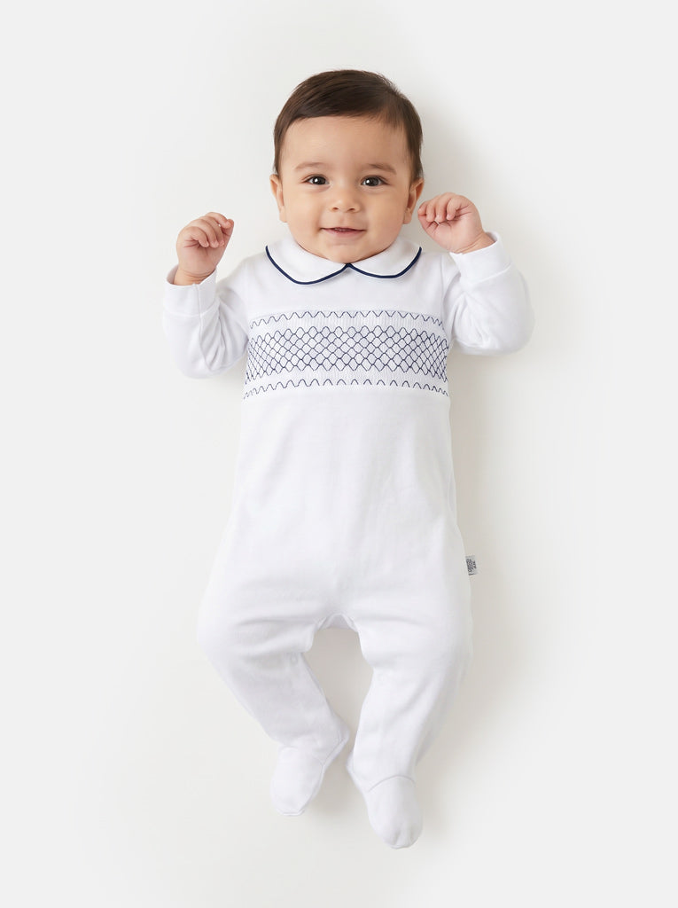 Cotton Baby Grow with Smocked Detail - White & Navy Blue