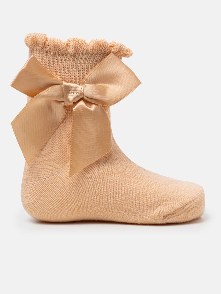 Baby Girl Soft Ankle Socks with Satin Bow - Camel