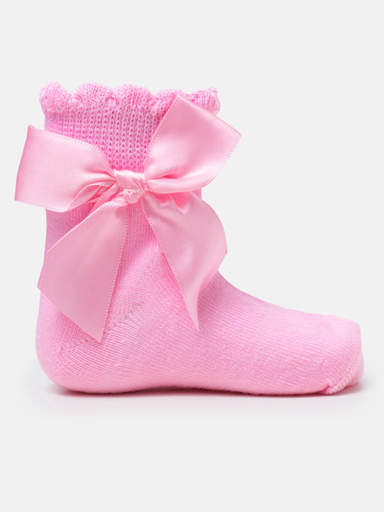 Baby Girl Soft Ankle Socks with Satin Bow - Pink
