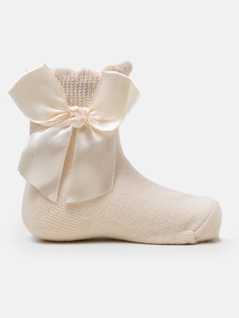 Baby Girl Soft Ankle Socks with Satin Bow - Beige