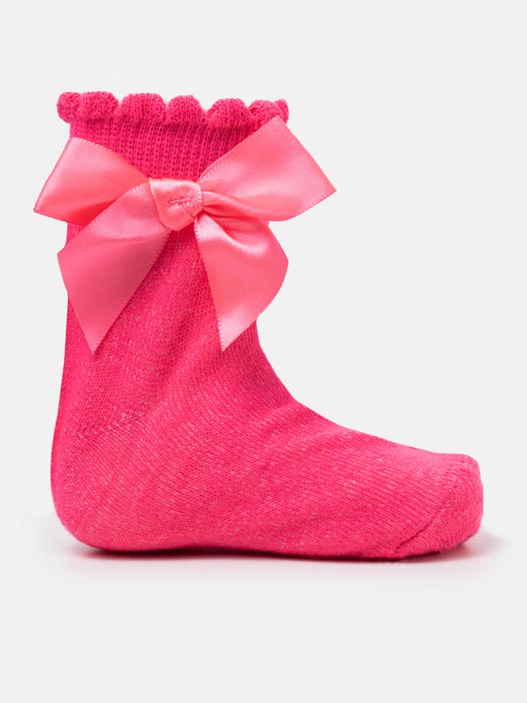 Baby Girl Soft Ankle Socks with Satin Bow - Fuchsia Pink