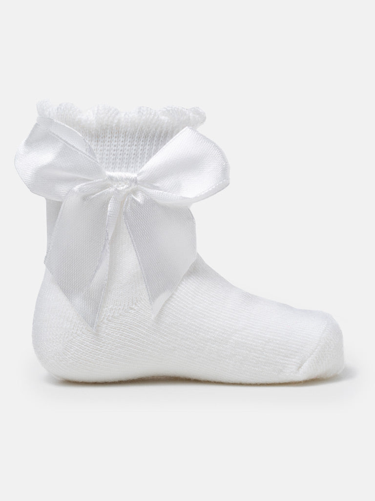 Baby Girl Soft Ankle Socks with Satin Bow - White