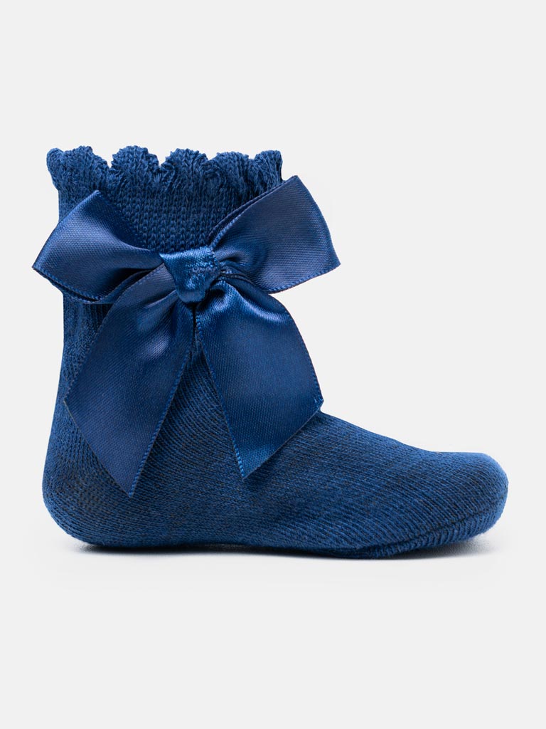 Baby Girl Soft Ankle Socks with Satin Bow - Navy Blue