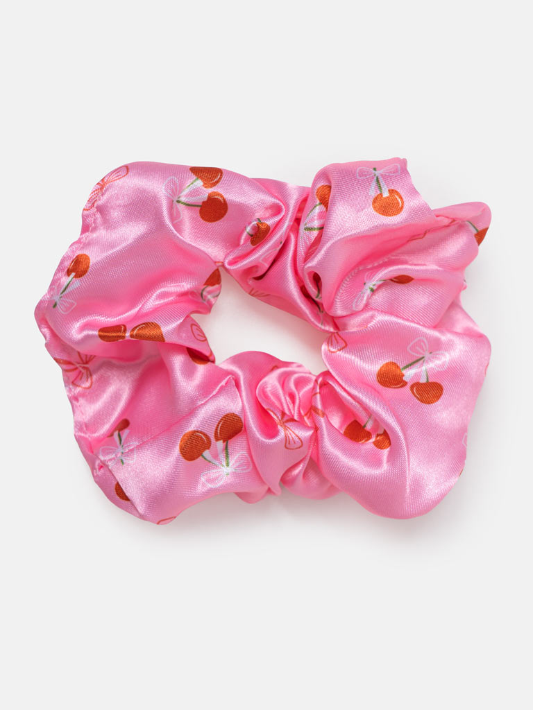 Mommy Hair Satin Scrunchie with Cherry Print - Pink
