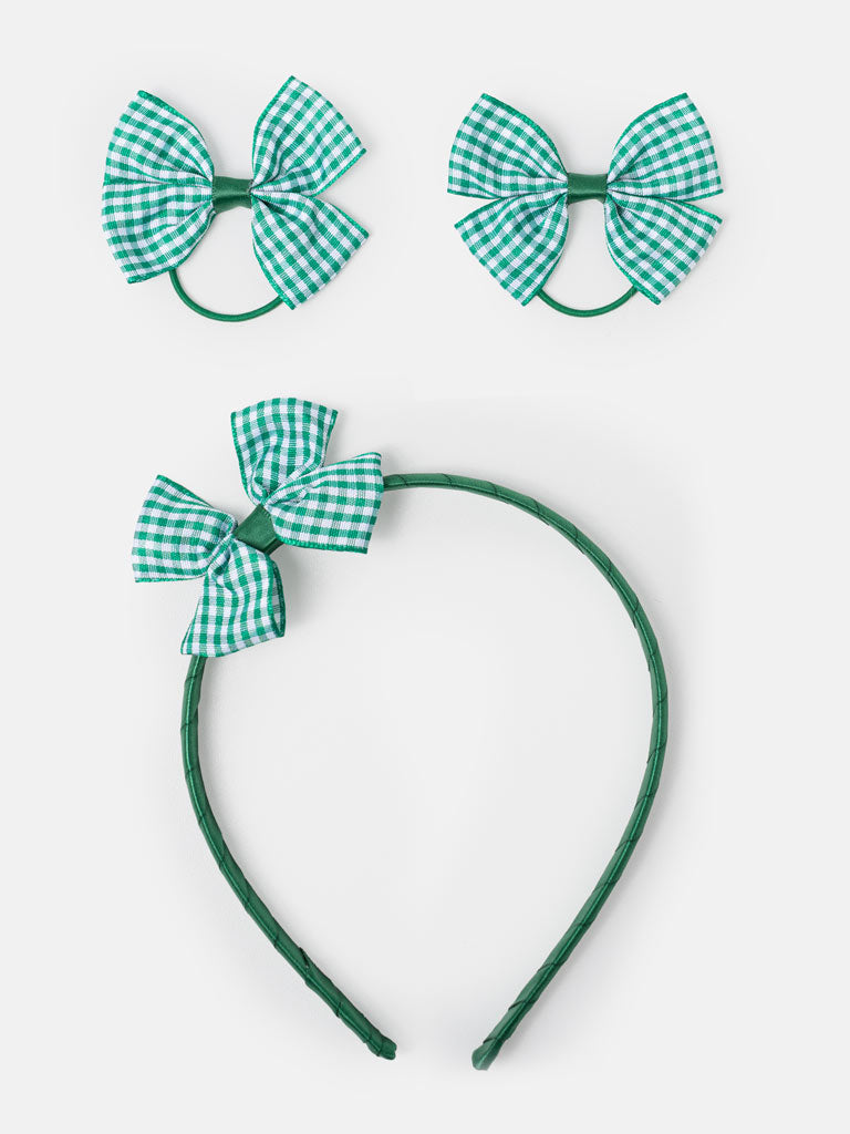 Baby Girl School Hair Accessories 3-Piece Set with Checked Bow - Green