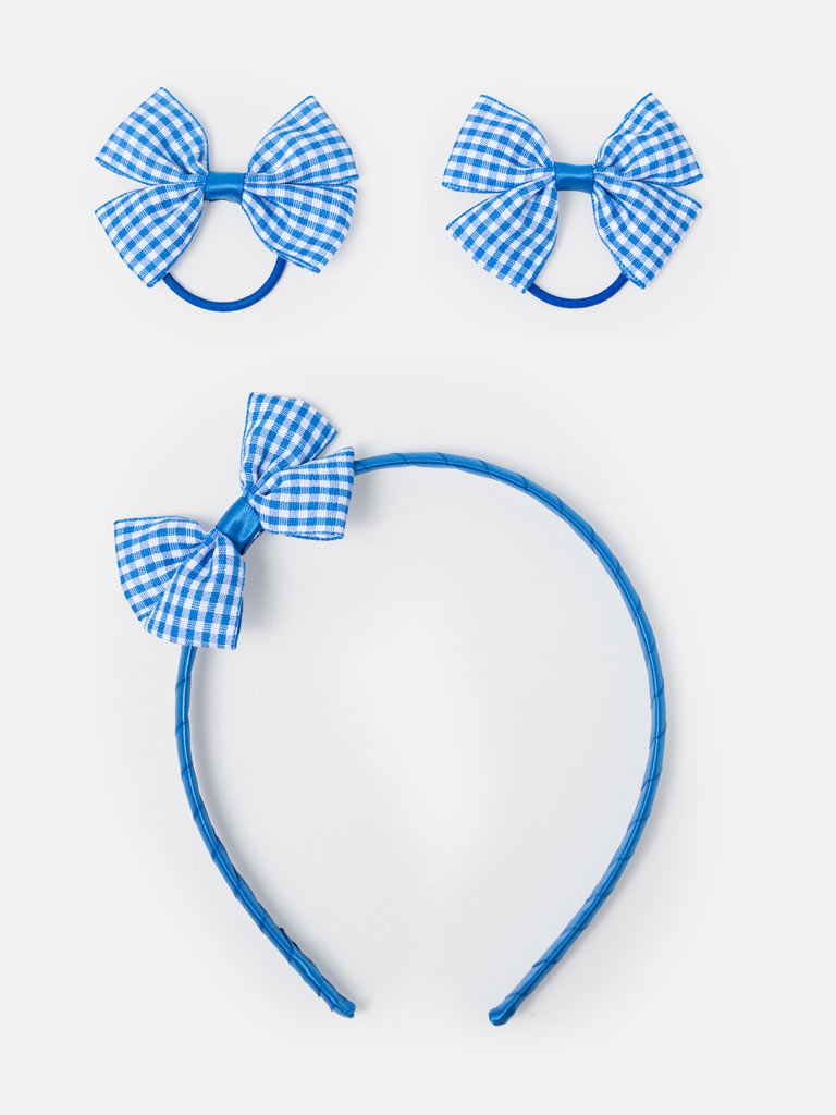 Baby Girl School Hair Accessories 3-Piece Set with Checked Bow - Blue