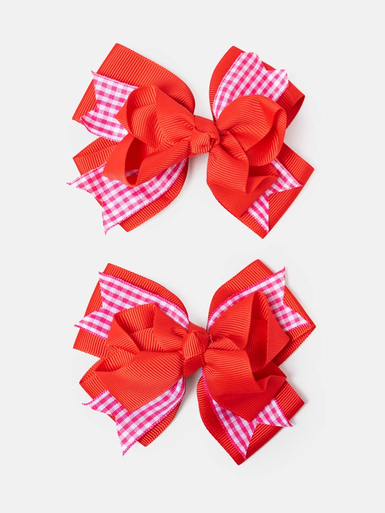 Baby Girl School Checked Bow Hair Clip 2-Piece Set - Red