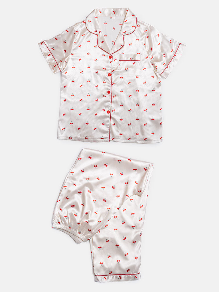 Mommy Maternity Pyjama 2-Piece Set with Cherry Print - Ivory & Red