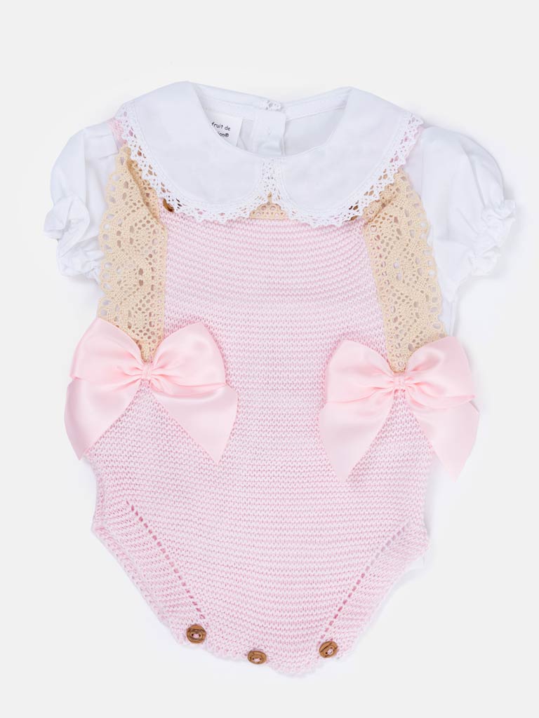 Baby Girl Sandra 2-piece Knitted Spanish Romper Set - Baby Pink