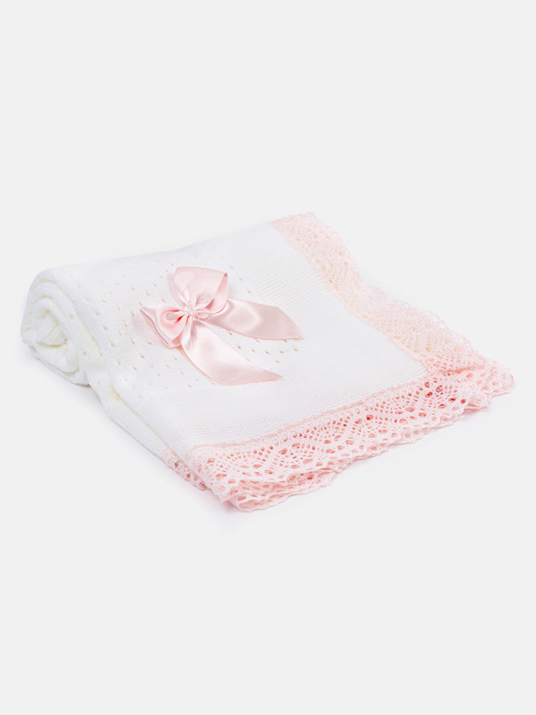 Baby Open Dot Knitted Spanish Blanket with Bow - White and Baby Pink