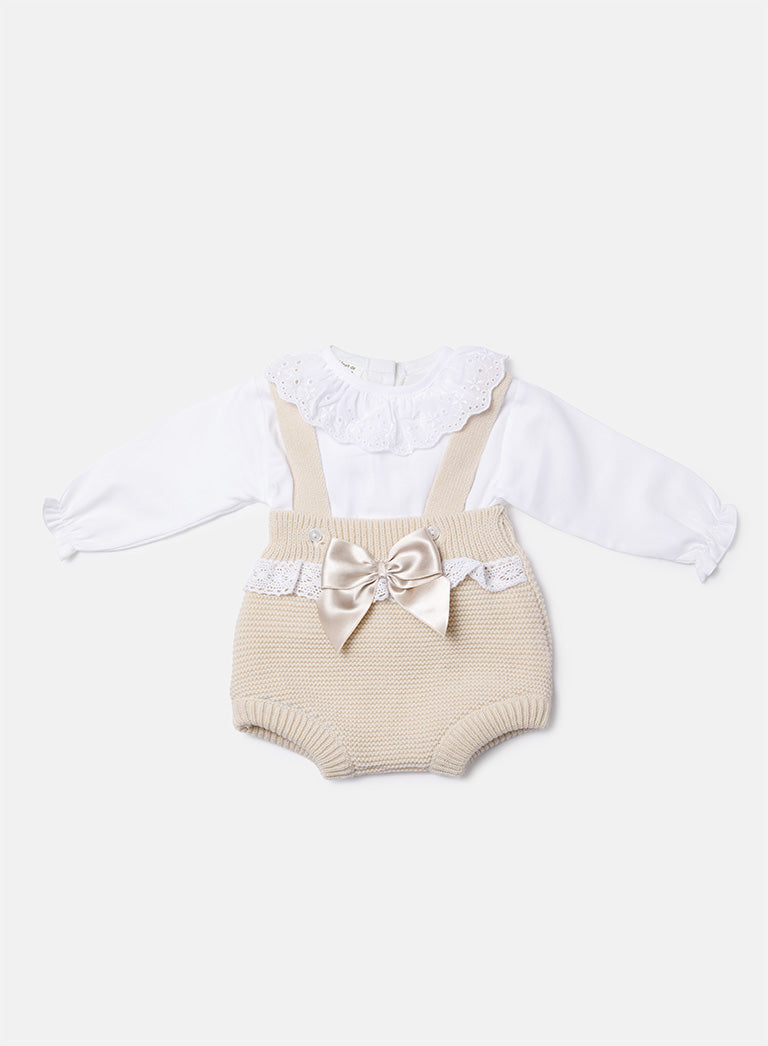 Baby Girl Tina Collection 2-piece Spanish Knitted Romper Set - Beige