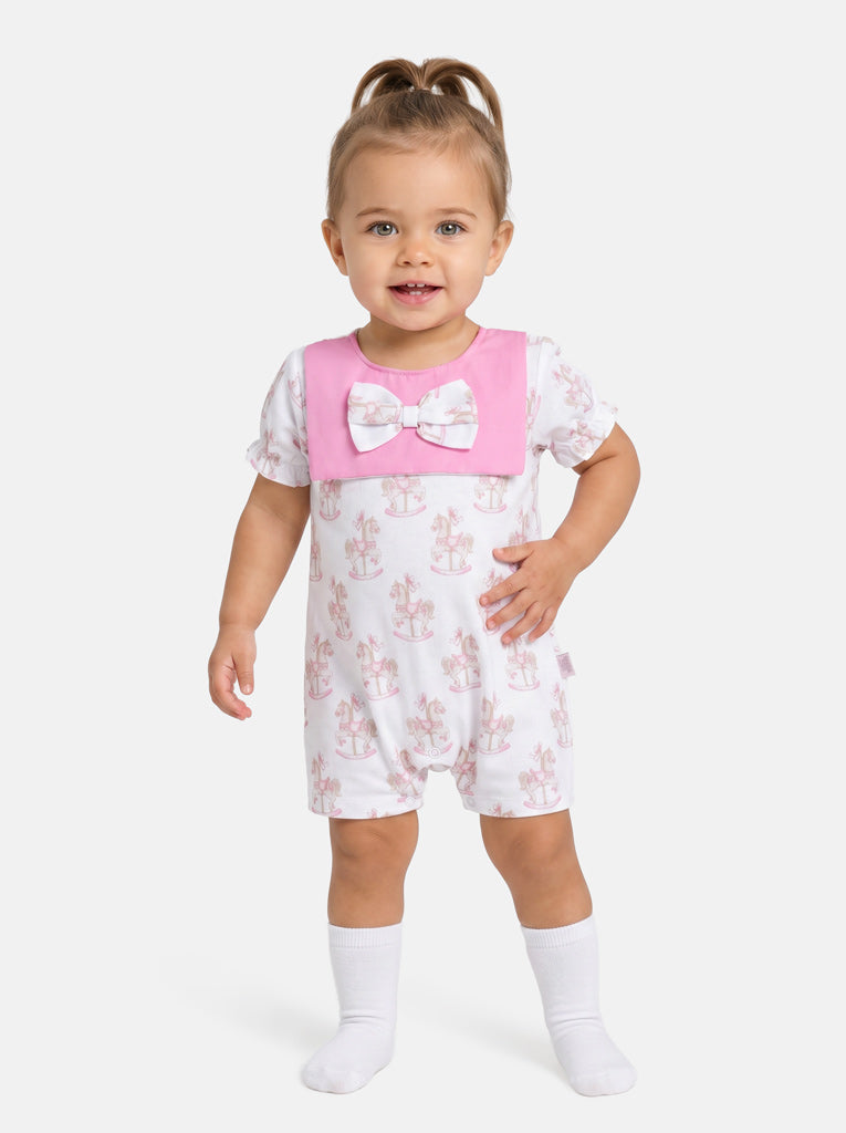 Baby Summer Pyjama with Attached Bib - Rocking Horse Collection - Baby Pink
