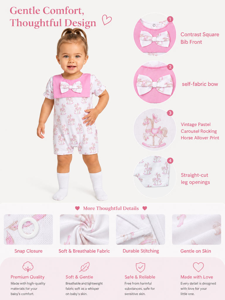Baby Summer Pyjama with Attached Bib - Rocking Horse Collection - Baby Pink