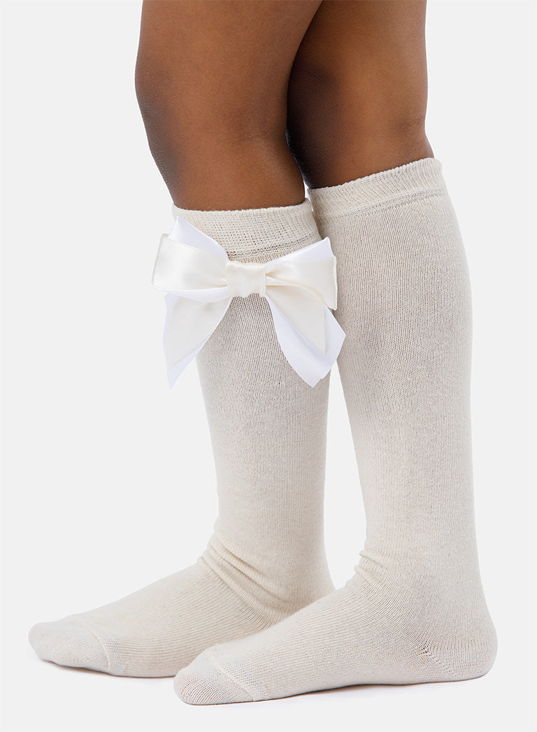 Baby Girl Knee Socks with Satin Double Bow - Cream