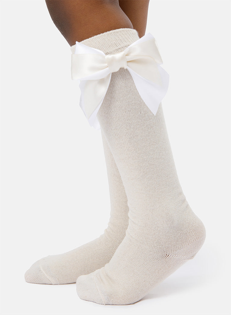 Baby Girl Knee Socks with Satin Double Bow - Cream