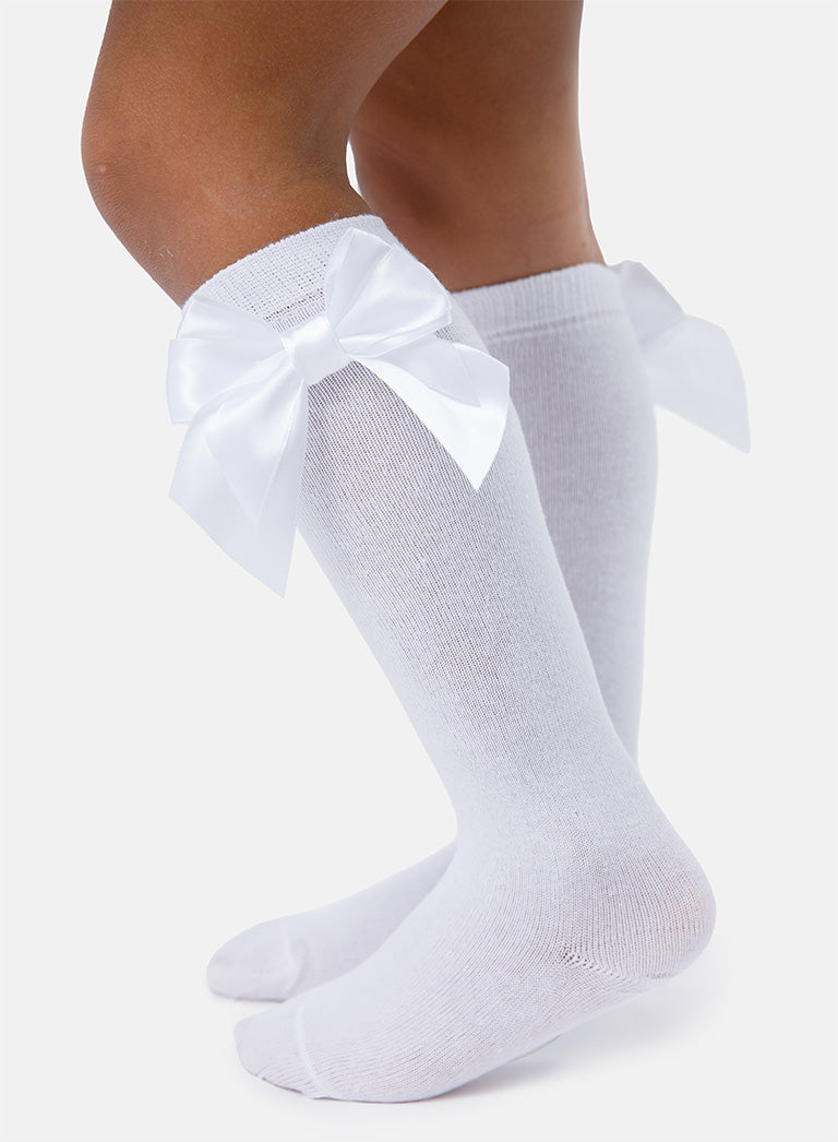 Baby Girl Knee Socks with Satin Double Bow - White
