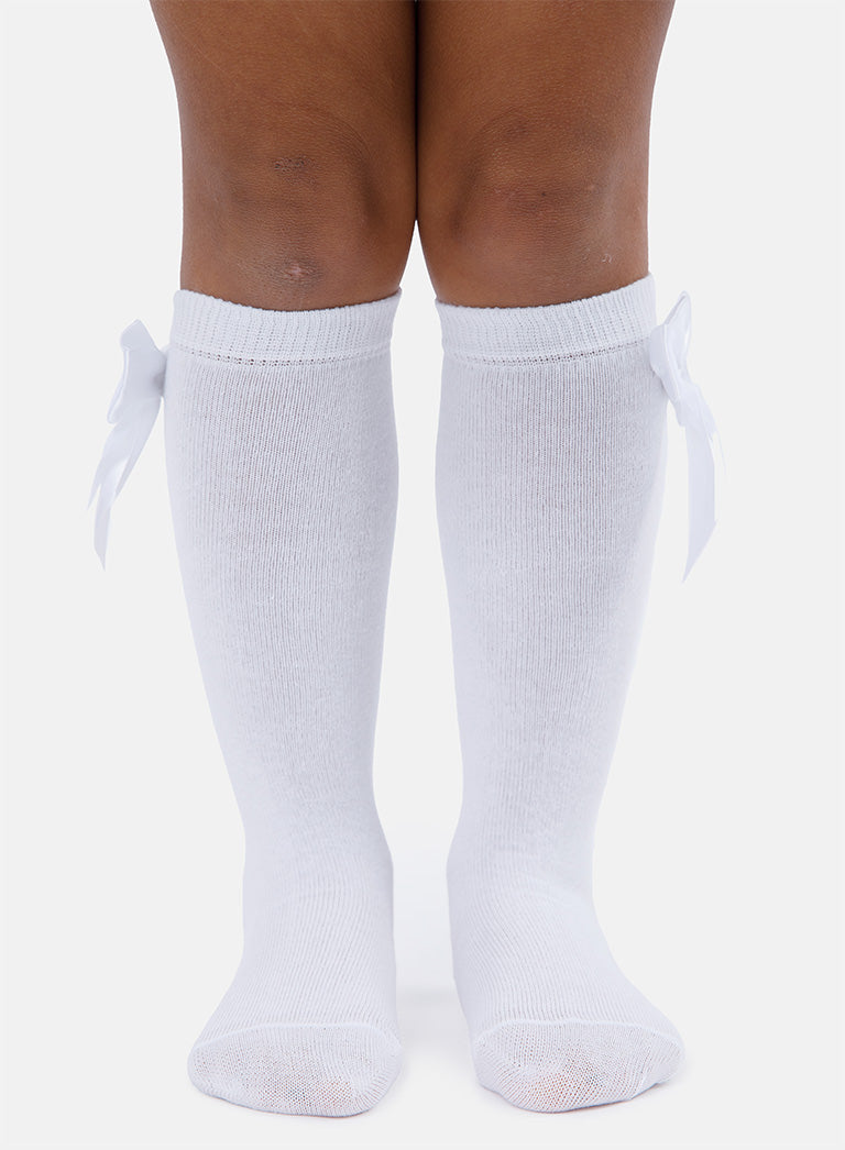 Baby Girl Knee Socks with Satin Double Bow - White