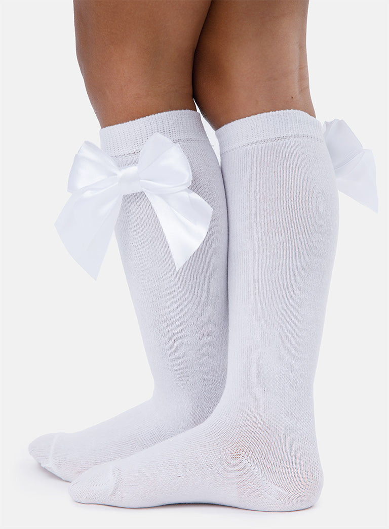 Baby Girl Knee Socks with Satin Double Bow - White