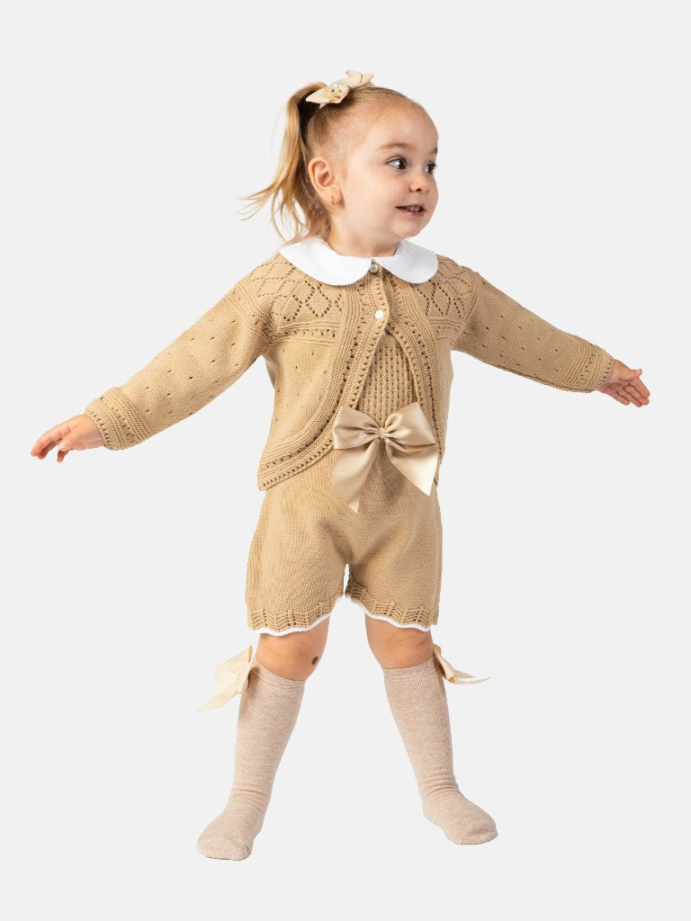 Baby Girl Lily Collection 3-piece Spanish Knitted Set - Tan