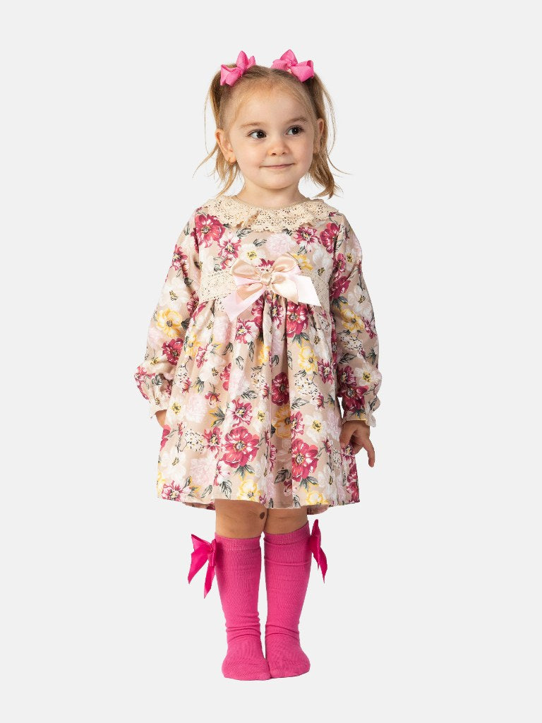 Baby Girl Cora Collection Floral Vintage Double Bow Spanish Dress - Rose Pink