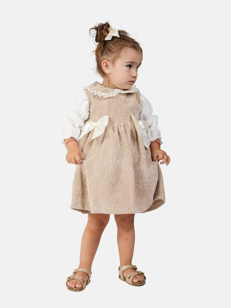 Baby Girl Marta Collection 2 Piece Spanish Velvet Dress Set with Shirt - Beige
