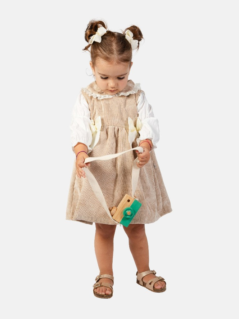 Baby Girl Marta Collection 2 Piece Spanish Velvet Dress Set with Shirt - Beige