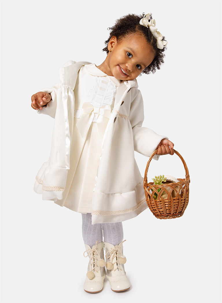 Baby Girl Elegant Spanish Coat with Lace Trim - Ivory