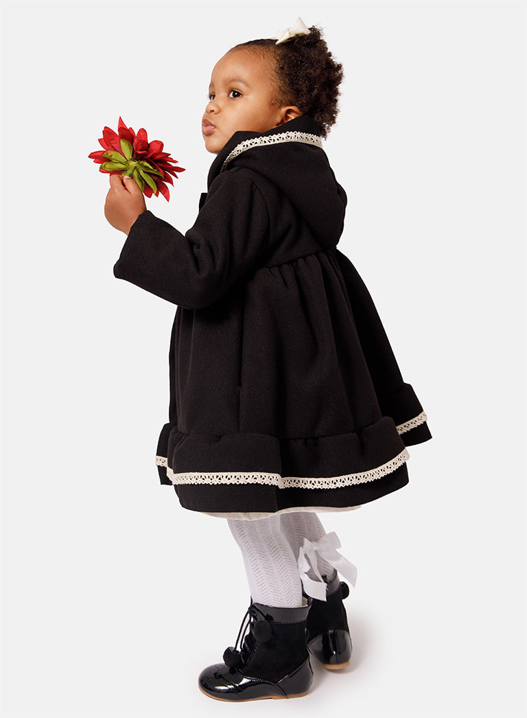 Baby Girl Elegant Spanish Coat with Lace Trim - Black