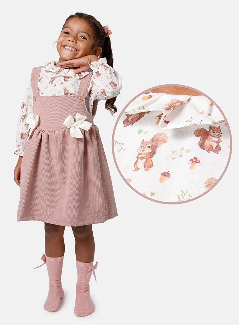 Baby Girl Squirrel Collection 2-Piece Spanish Velvet Dress Set with Shirt - Rose Pink