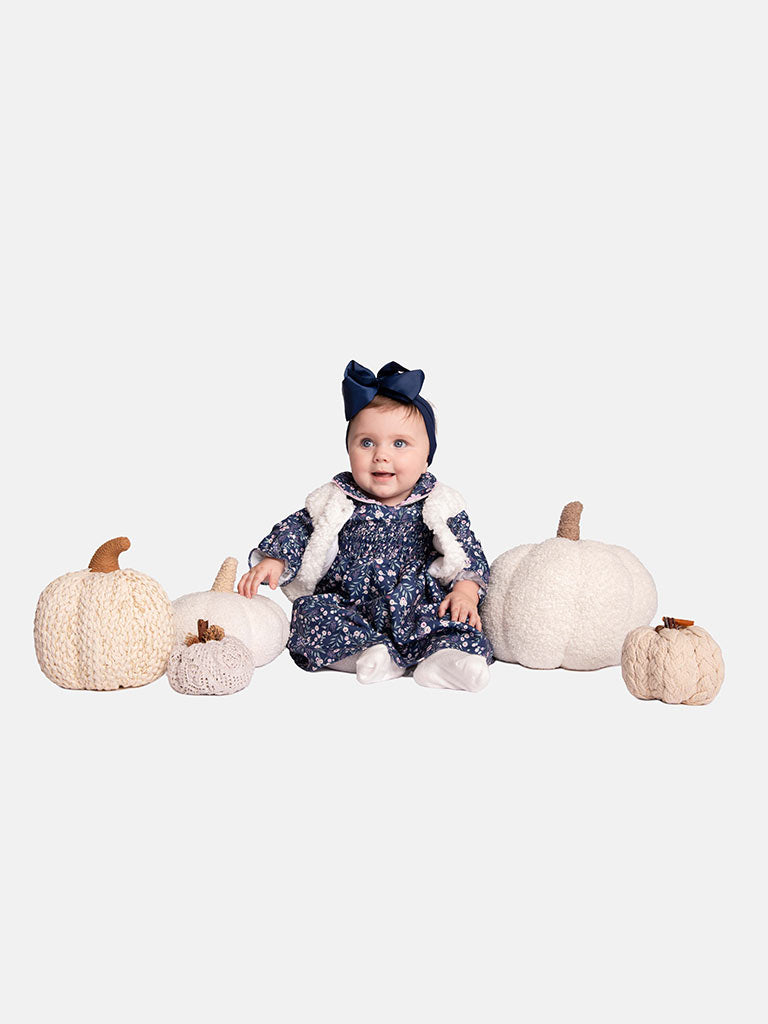 Baby Girl Leah Collection Dress with Fur Vest  - Navy Blue & White