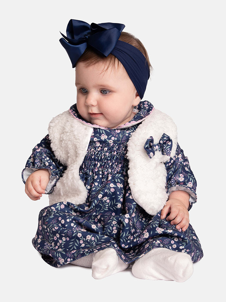 Baby Girl Leah Collection Dress with Fur Vest  - Navy Blue & White