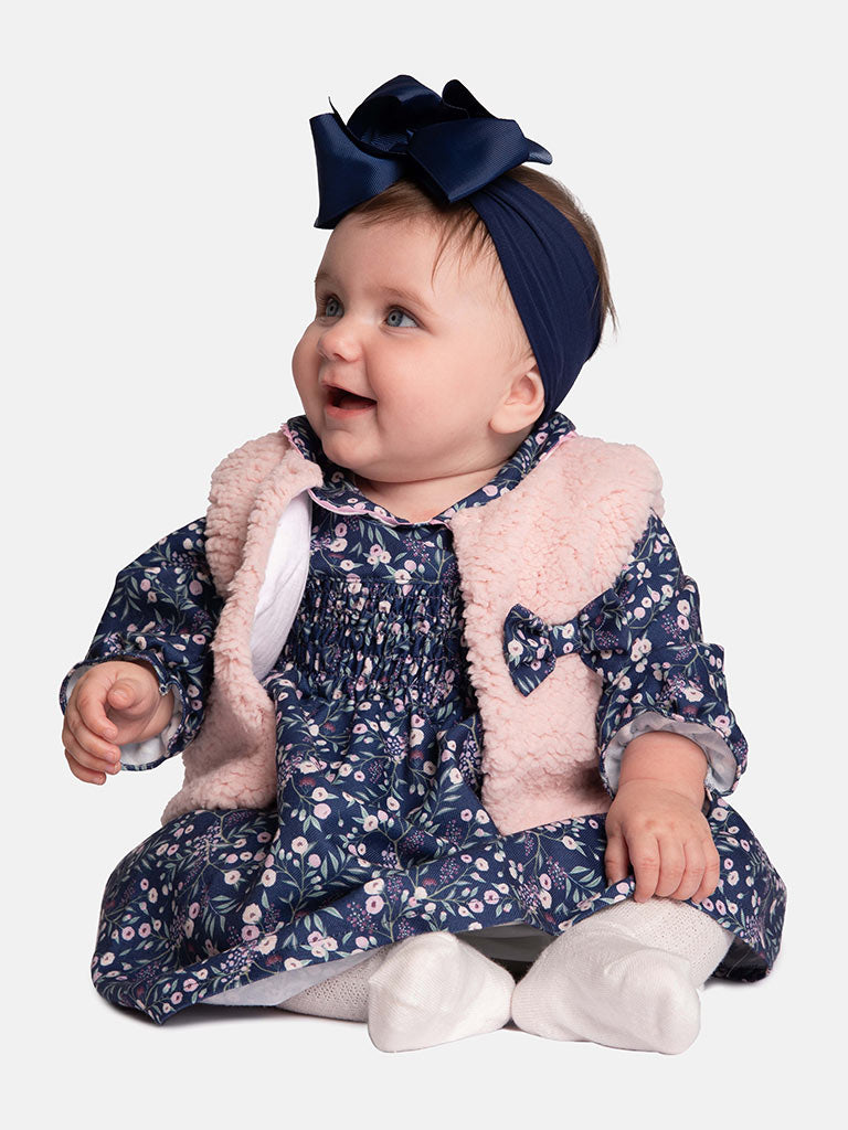 Baby Girl Leah Collection Dress with Fur Vest - Navy Blue & Pink