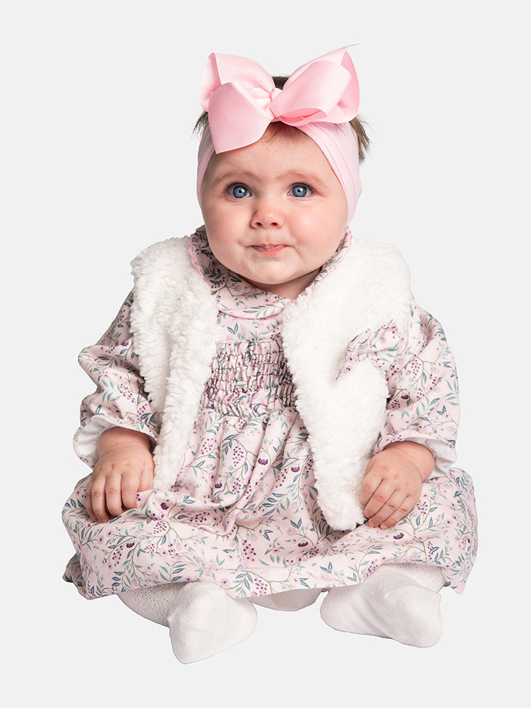 Baby Girl Leah Collection Dress with Fur Vest  - Pink & White