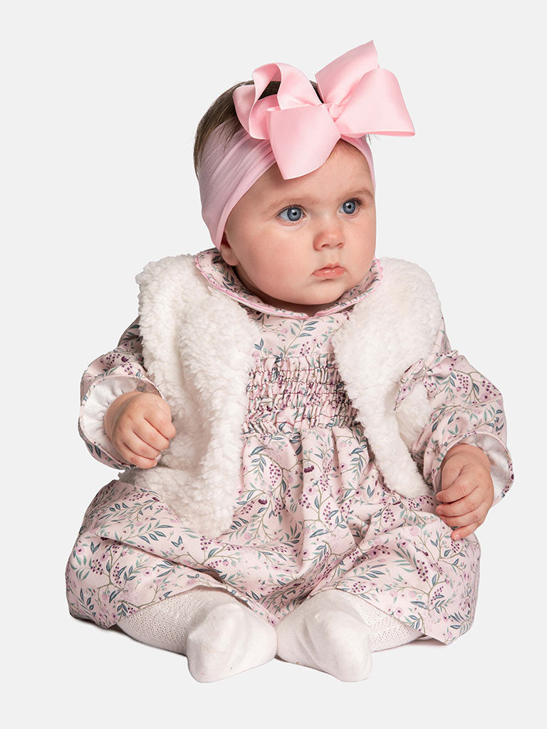 Baby Girl Leah Collection Dress with Fur Vest  - Pink & White