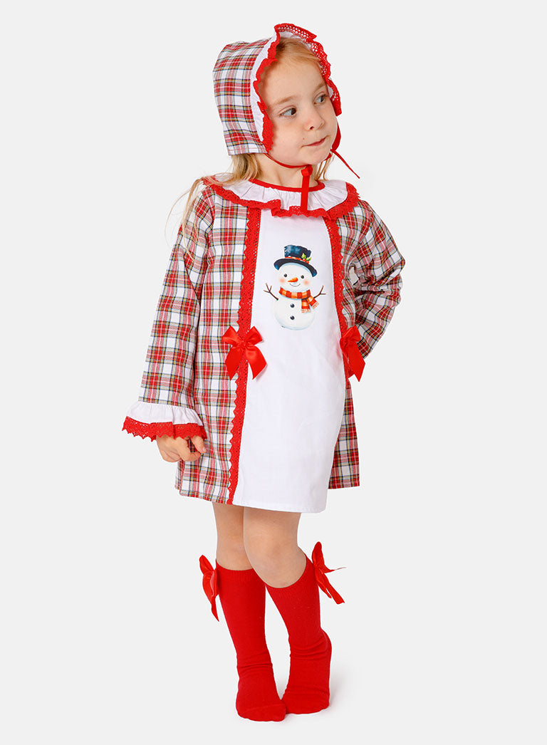 Baby Girl Christmas Snowman Tartan Dress with Bonnet - Red & White