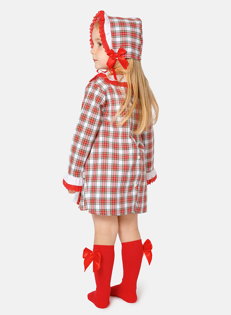 Baby Girl Christmas Snowman Tartan Dress with Bonnet - Red & White
