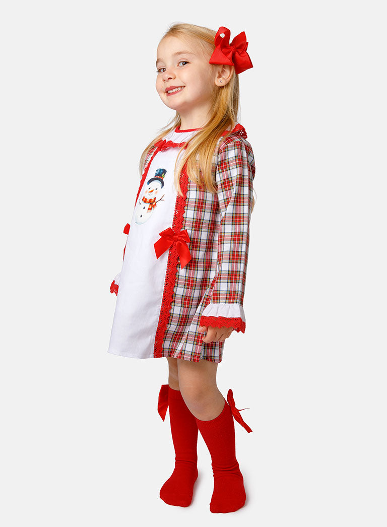 Baby Girl Christmas Snowman Tartan Dress with Bonnet - Red & White
