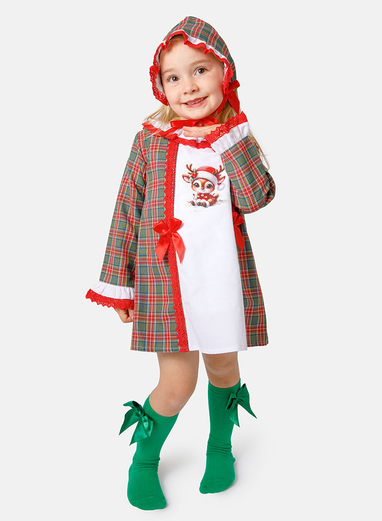 Baby Girl Christmas Reindeer Tartan Dress with Bonnet - Red & Emerald