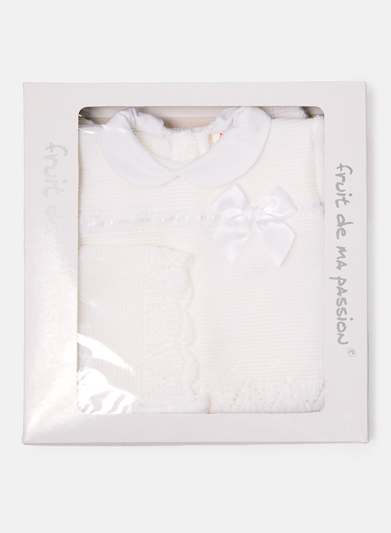 Baby Girl Bow Accent & Lace Detail 3-Piece Knitted Gift Box Set - Ivory
