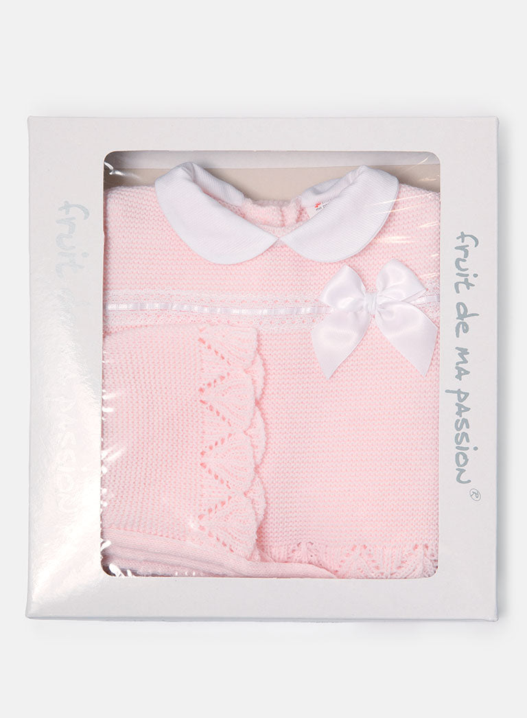 Baby Girl Bow Accent & Lace Detail 3-Piece Knitted Gift Box Set - Baby Pink
