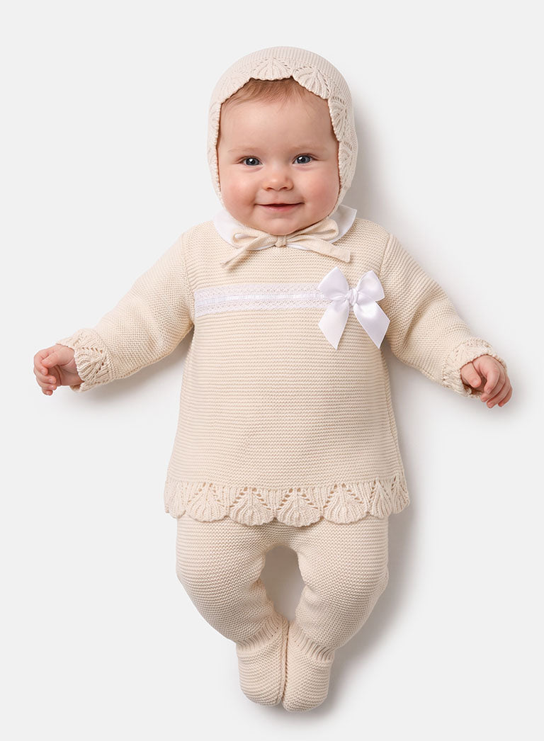 Baby Girl Bow Accent & Lace Detail 3-Piece Knitted Gift Box Set - Beige