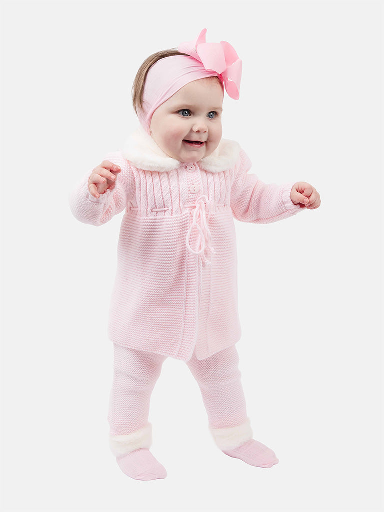 Baby Girl Nieves Coat & Pants Knitted Spanish Set - Baby Pink
