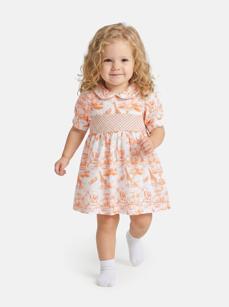 Baby Girl Smocked Summer Dress Safari Collection - Orange