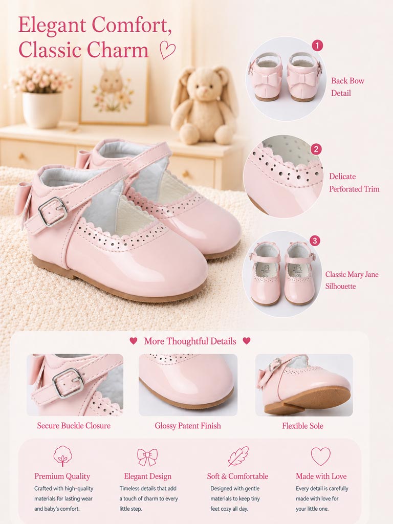 Baby Girl M&B Shoes with Back Bow - Baby Pink