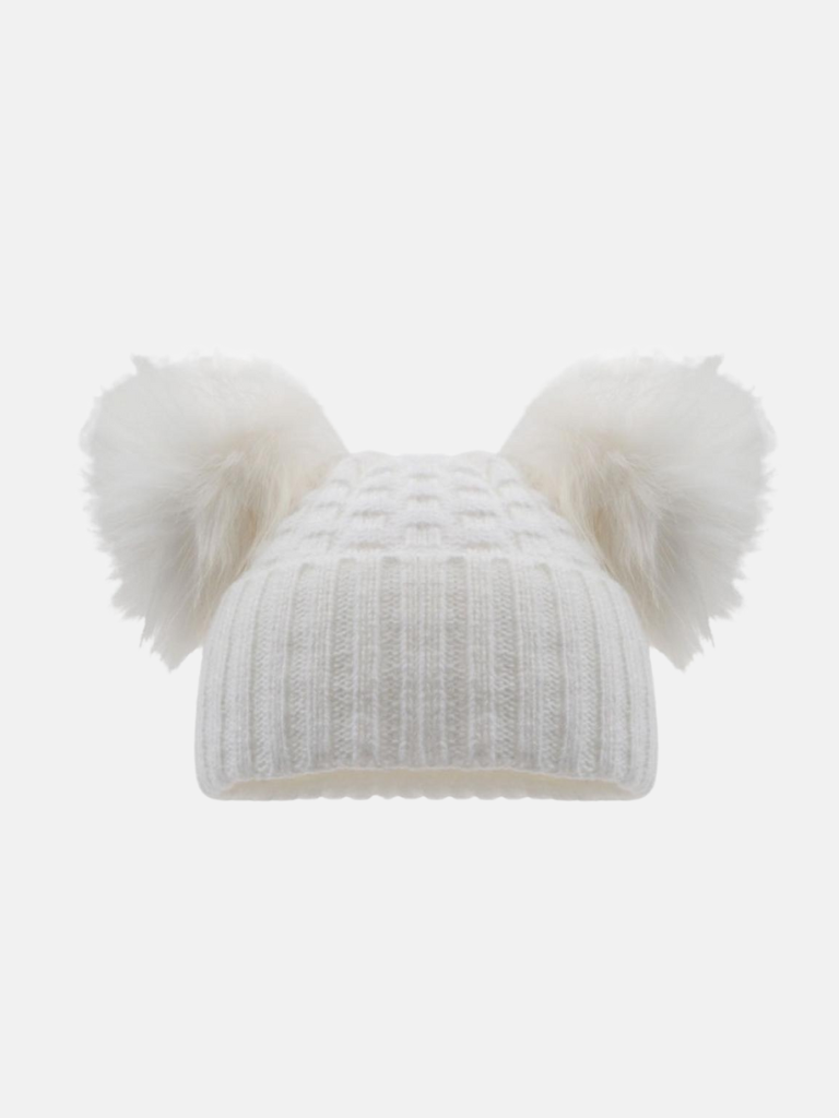 Baby Unisex Deluxe Check Knit Double Pom-pom Hat - White