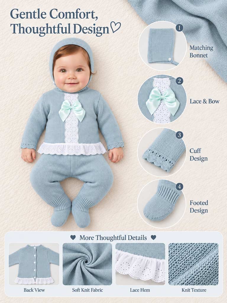 Baby Girl Carmina Collection 3-piece Spanish Knitted Set - Mint Green