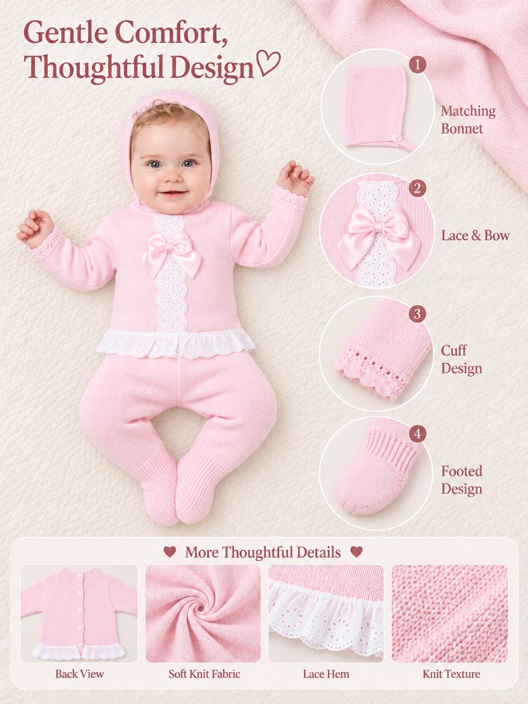 Baby Girl Carmina Collection 3-piece Spanish Knitted Set - Baby Pink